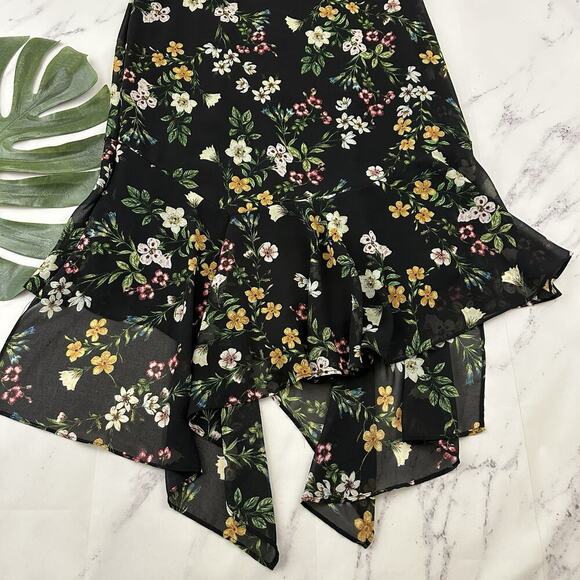 Calvin Klein Floral Midi Dress Size 10 New Black Green Flutter Hem Shift - Picture 4 of 10